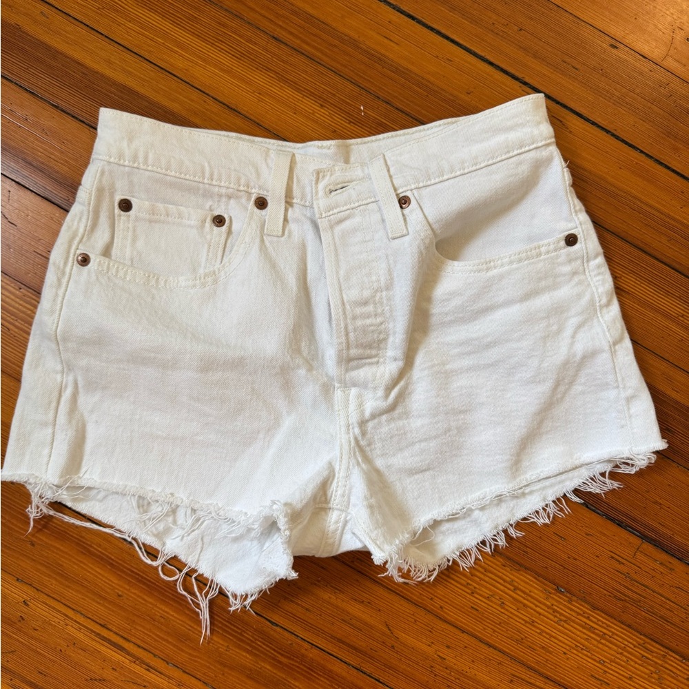 White Distressed Jean Shorts with Frayed Hem